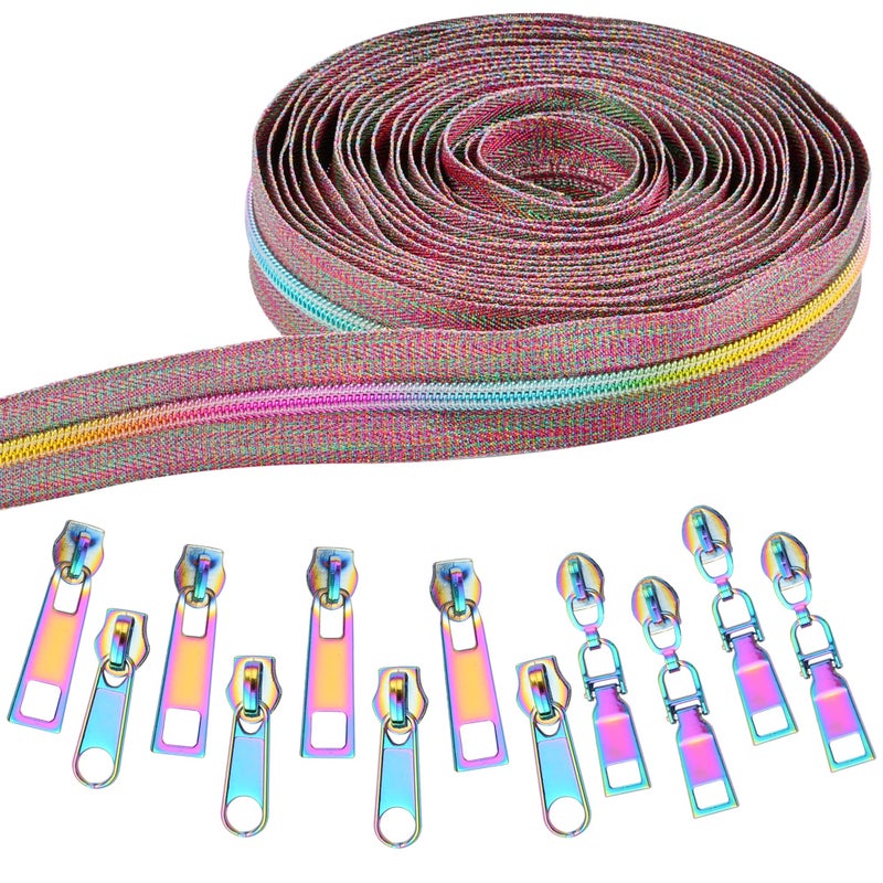 Elesunory #5 Zippers for Sewing, 9.84 Yards Nylon Coil Rainbow Zipper Tape by The Yard with 12Pcs 3 Style of Rainbow Zipper Pull, Heavy Duty Zipper for DIY Tailor Sewing Crafts - Image 1